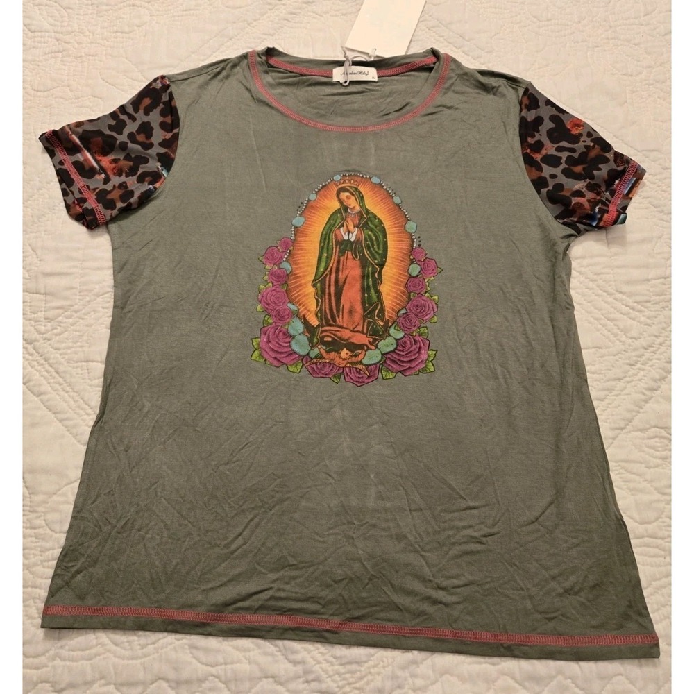 American Bling Women's T- Shirt Size XL Olive Green Our Lady Animal Print SS